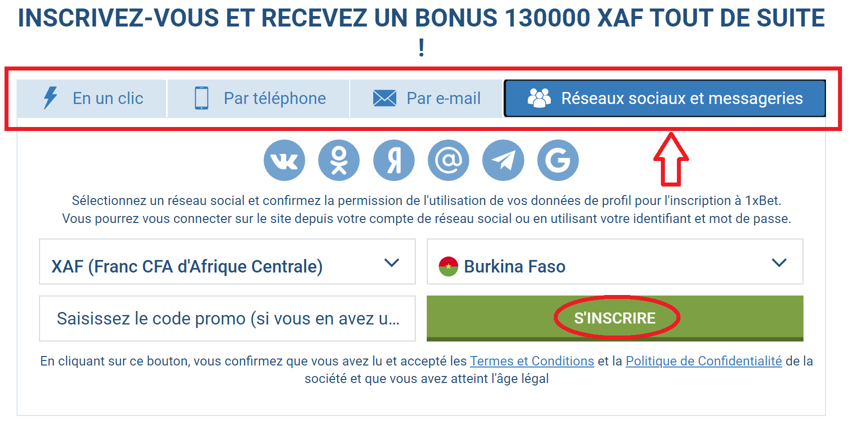 1xBet Inscription via les réseaux sociaux Burkina Faso
